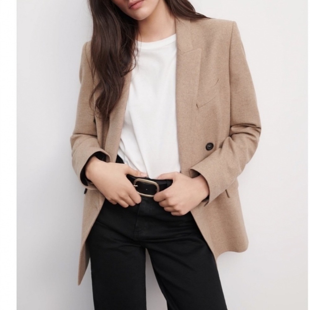 Zara Womens Double Breasted Wool Blend Blazer Tan Brown Size L Peak Lapel
